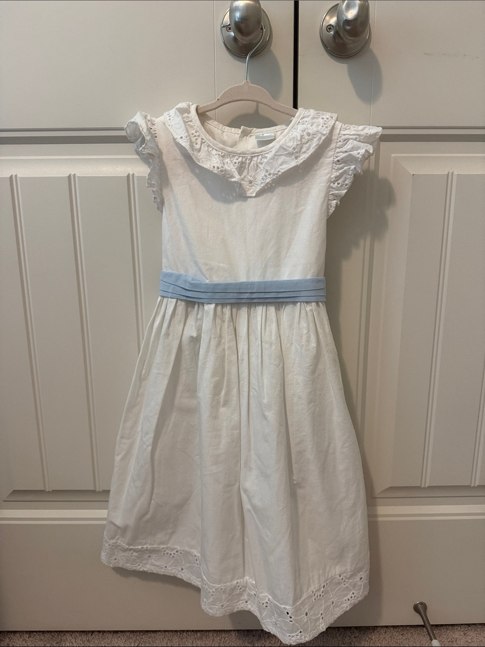 Edgehill Collection White Dress with Light Blue Sash